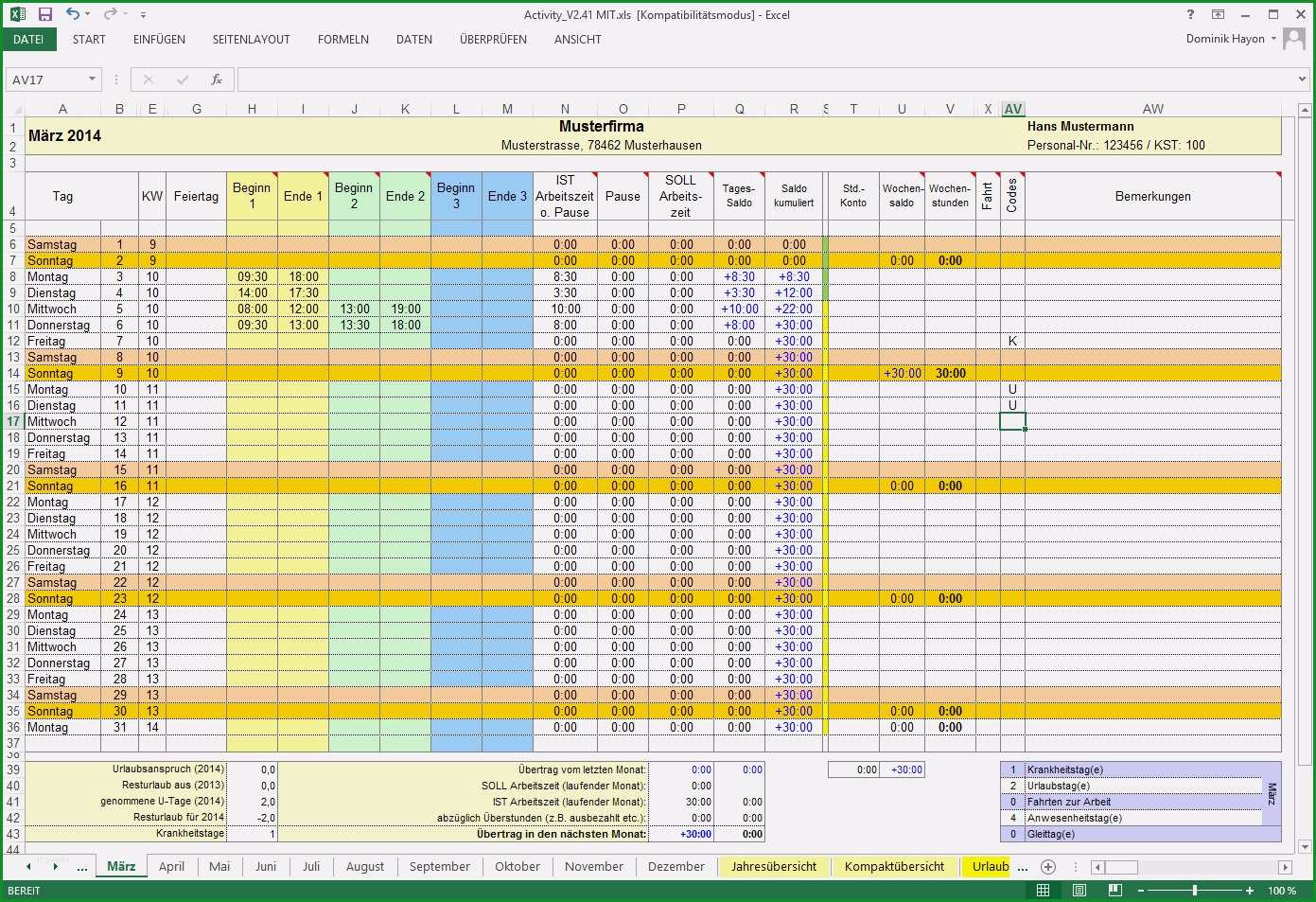 12 excel arbeitszeit vorlage