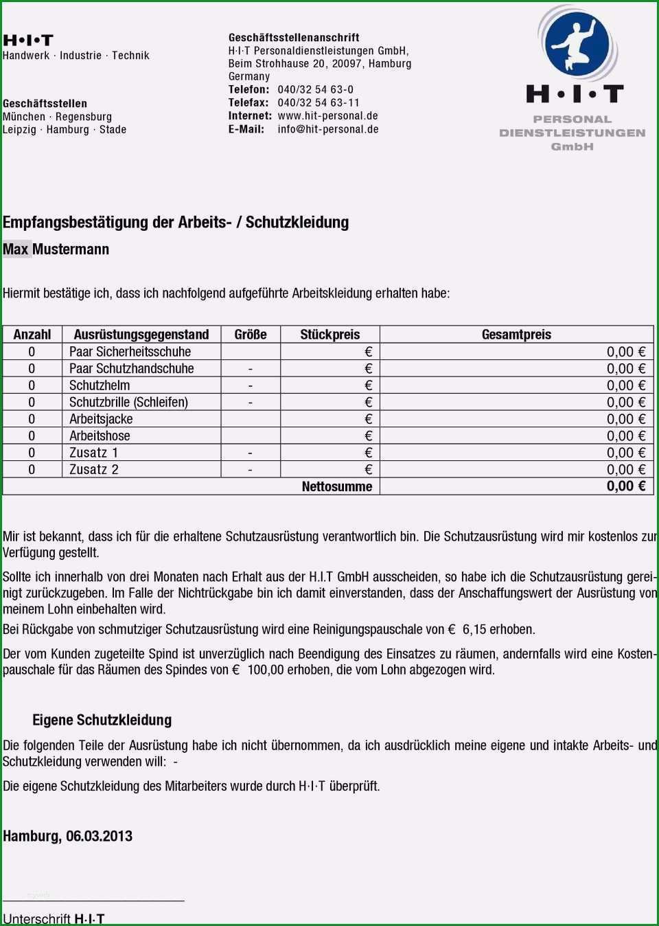 empfangsbestatigung muster vorlage schonste empfangsbestatigung arbeitskleidung vorlage heimwerker