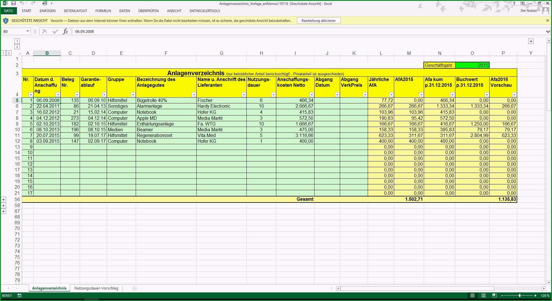 Excel Anlagenverzeichnis