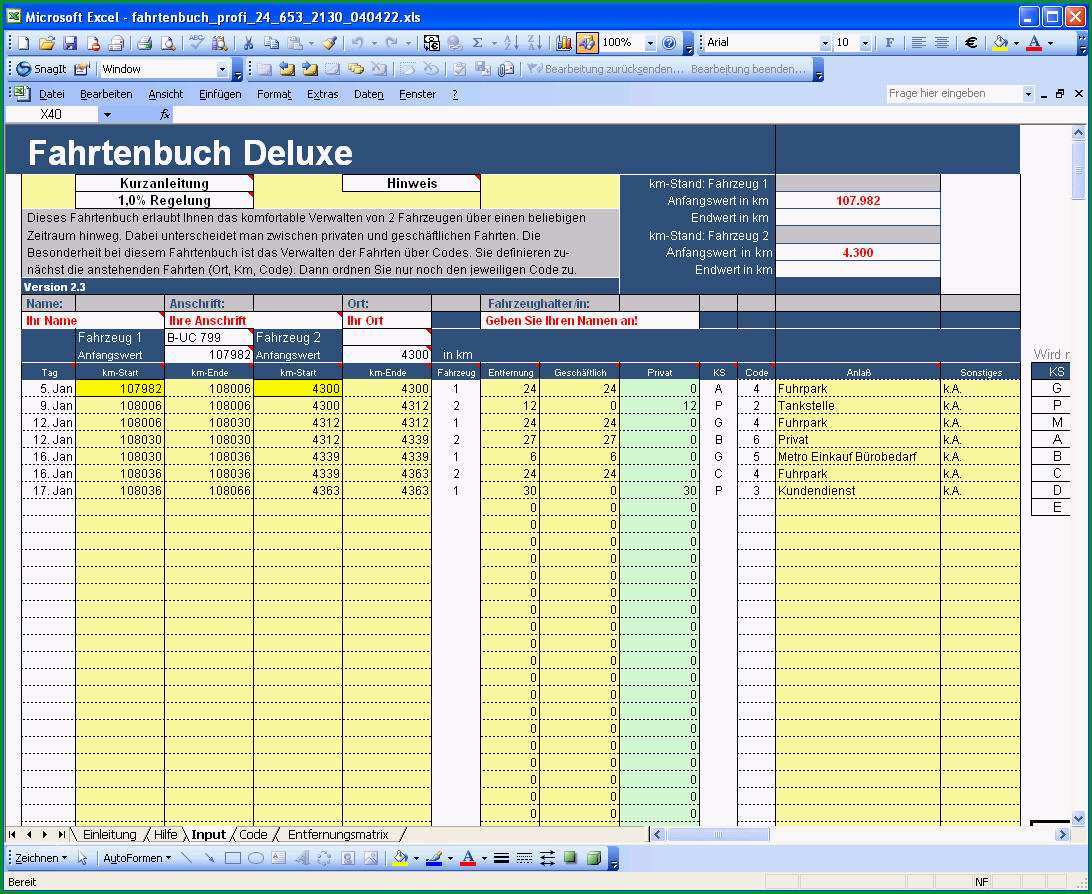 fahrtenbuch in excel