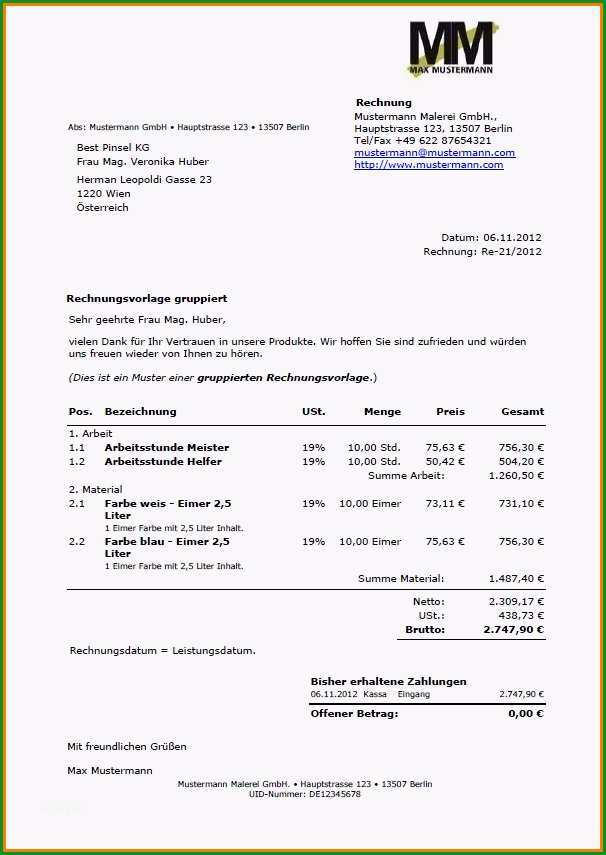 Atemberaubend Handwerkerrechnung Muster Vorlage
