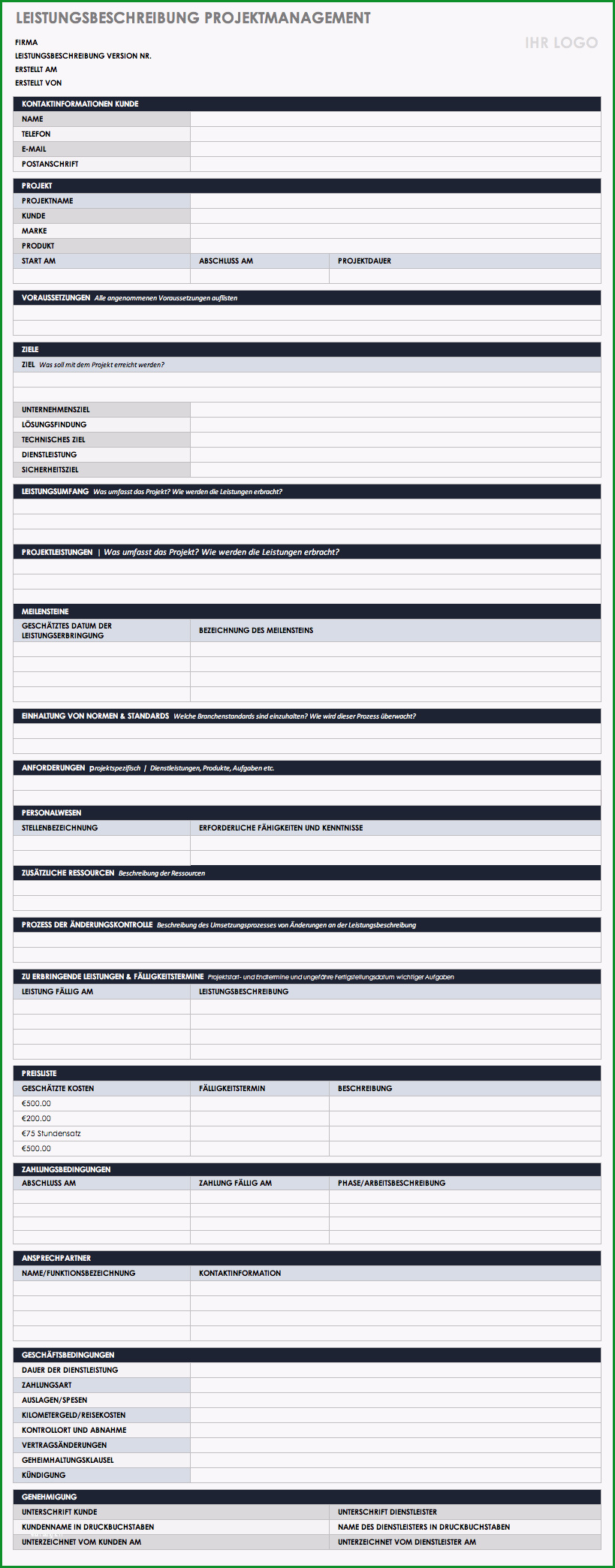 kostenlose vorlagen leistungsbeschreibung
