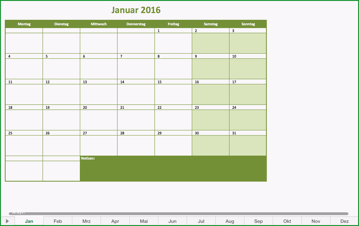 excel monatskalender 2016