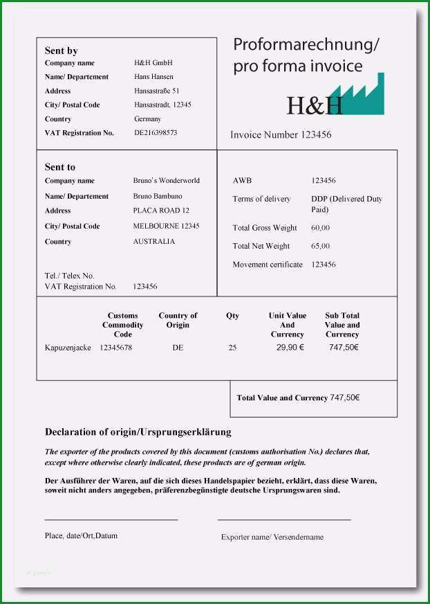 proforma rechnung vorlage wunderbar eori nummer