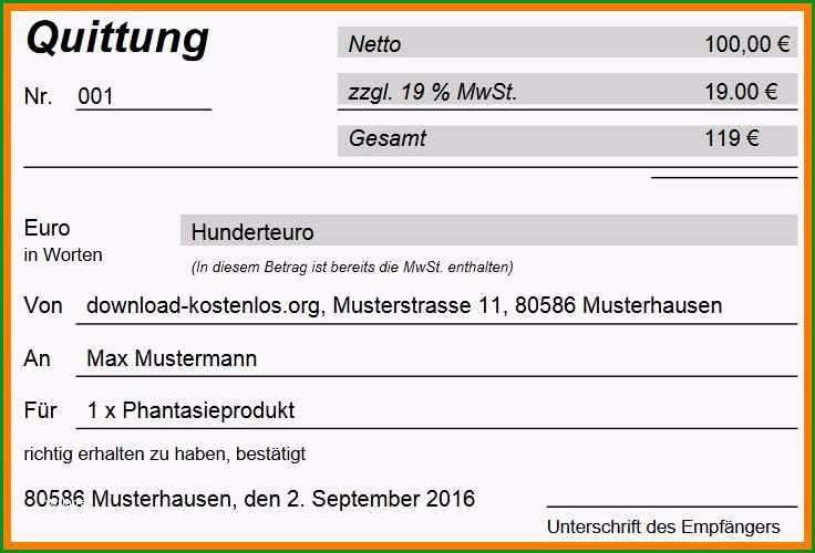 quittung vorlage excel