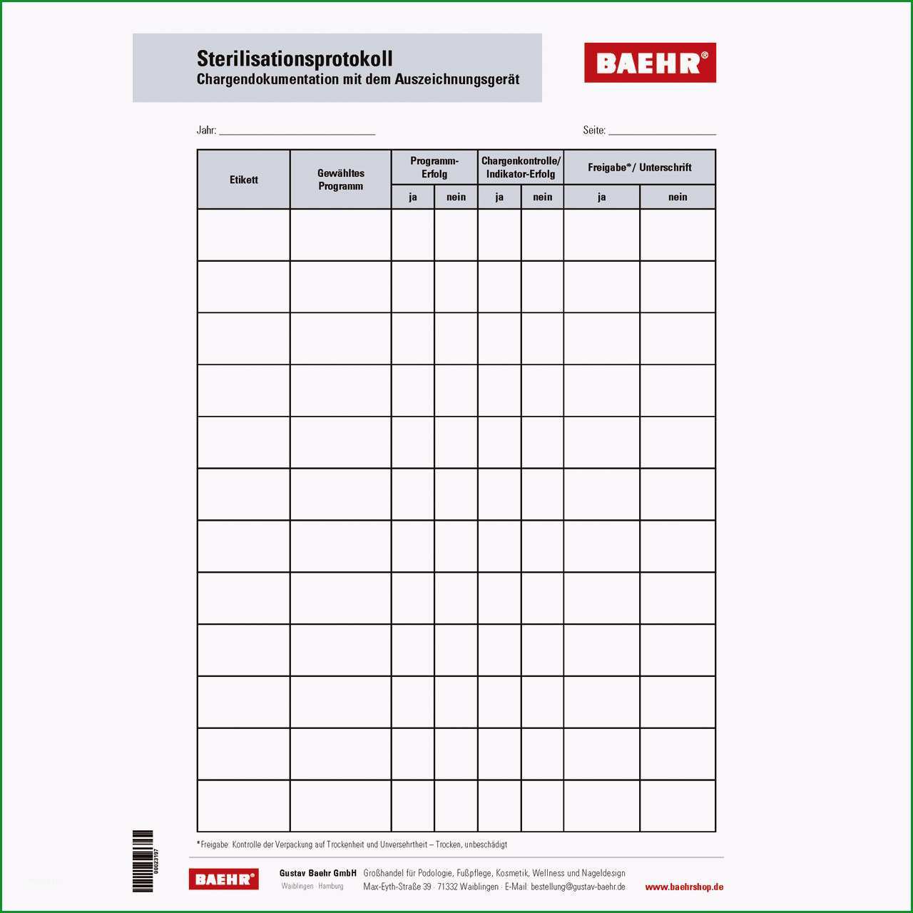 sterilisationsprotokoll chargendokumentationmit dem auszeichnungsgeraet block a 50 blatt