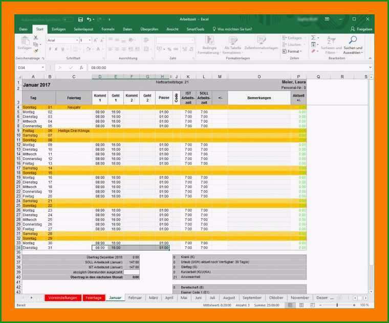 12 excel arbeitszeit vorlage