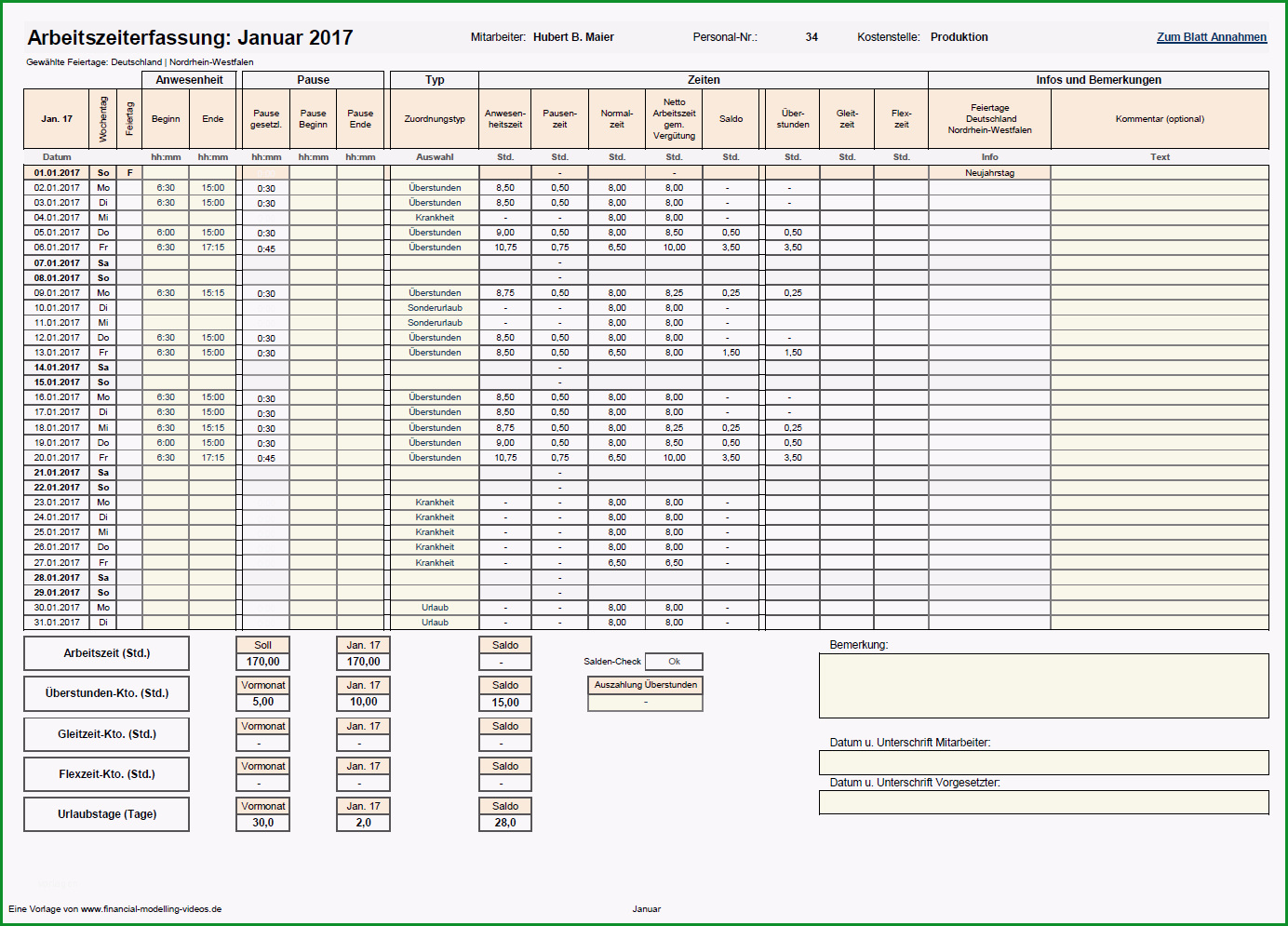 Excel Tool Arbeitszeiterfassung und Taetigkeitsnachweis