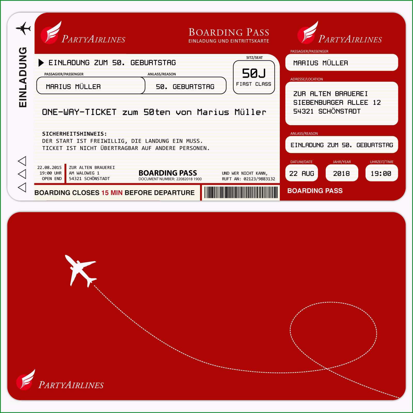 einladungskarten zum geburtstag als flugticket rot