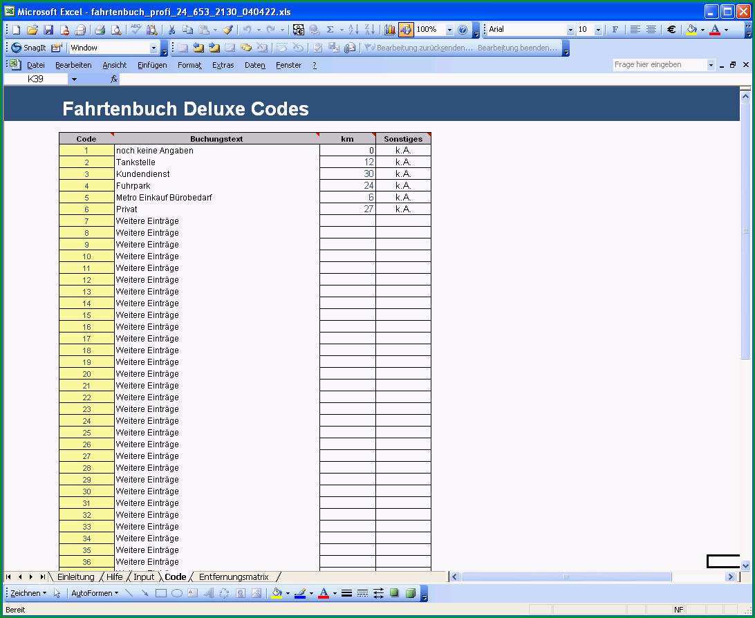 fahrtenbuch in excel