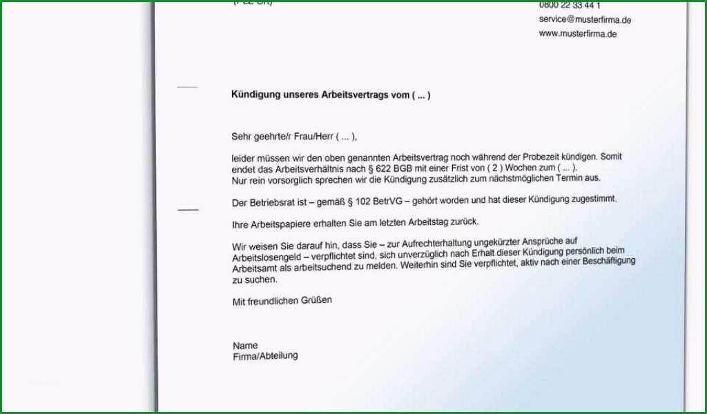 muster fur fristgemase kundigung arbeitsvertrag in probezeit kundigung innerhalb der probezeit vorlage