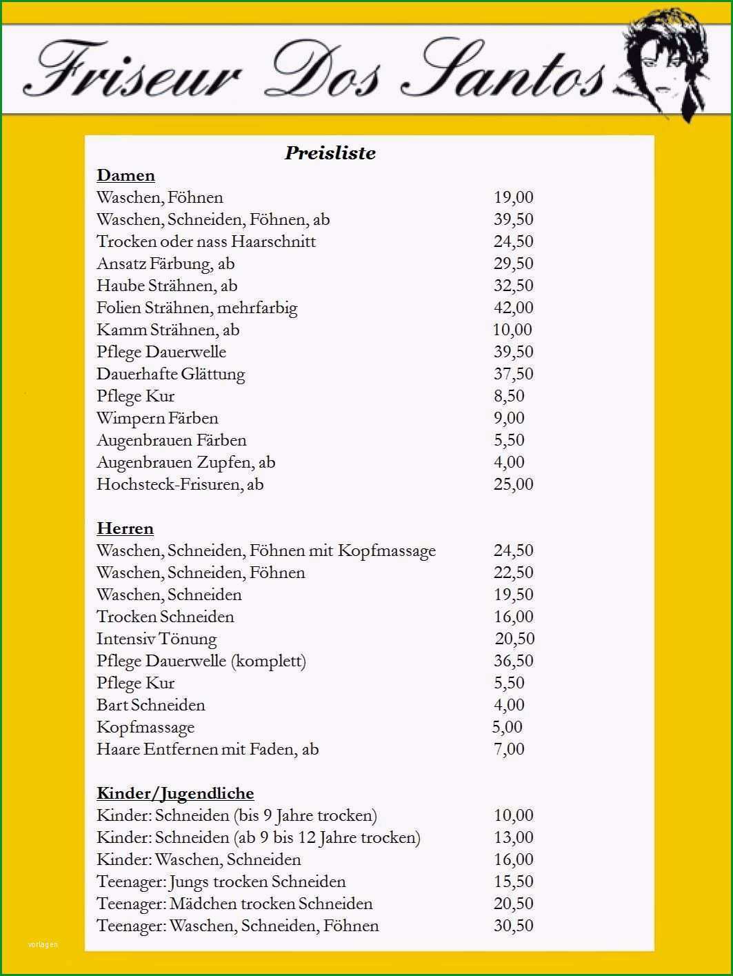 preisliste vorlage friseur befriedigend preisliste mit excel