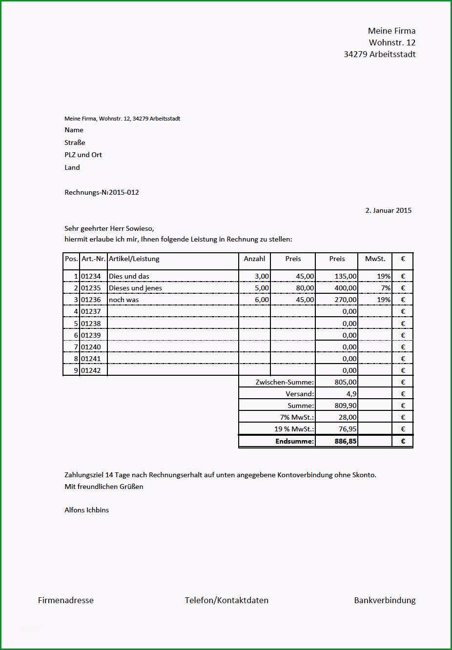 rechnungs vorlage mit 19 und 7 prozent mehrwertsteuer excel innerhalb rechnung erstellen kostenlos mac