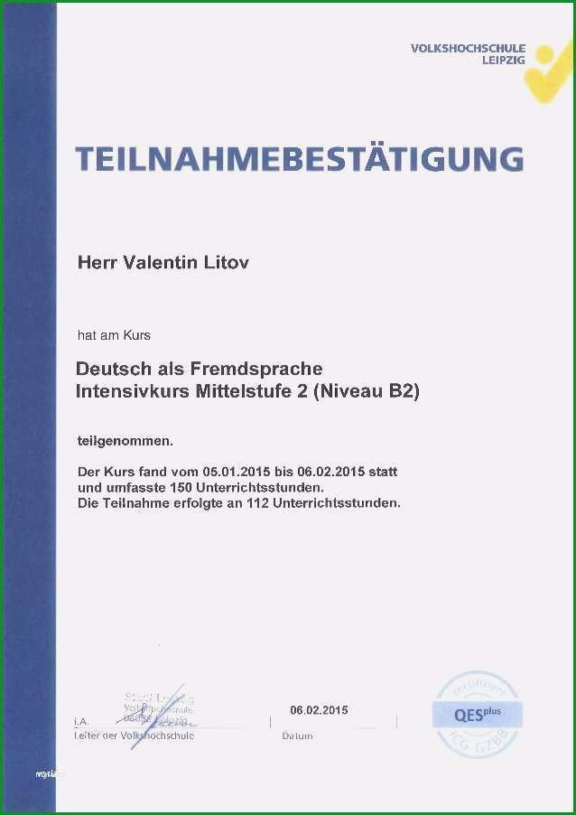 vorlage teilnahmebescheinigung schulung schon zertifikat b2 deutsch