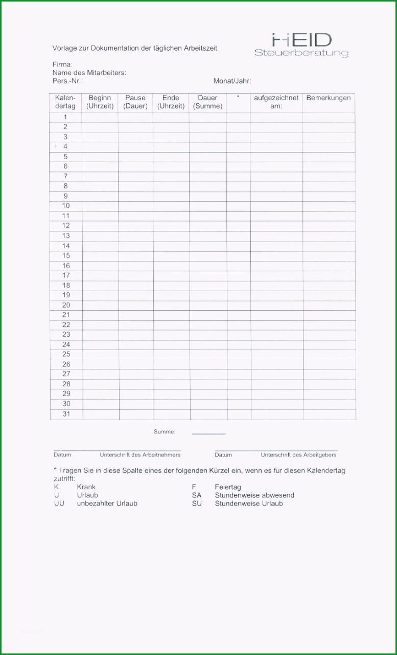 vorlage zur dokumentation der taglichen arbeitszeit