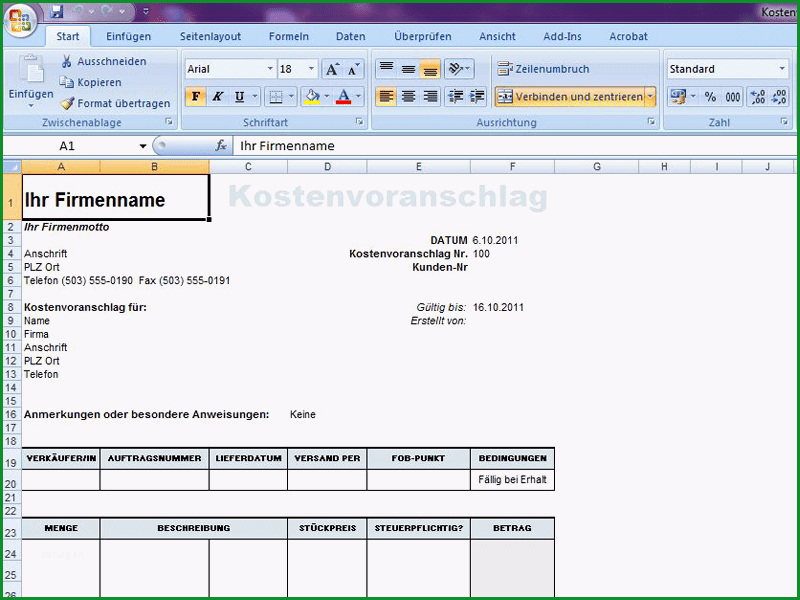angebot vorlage excel