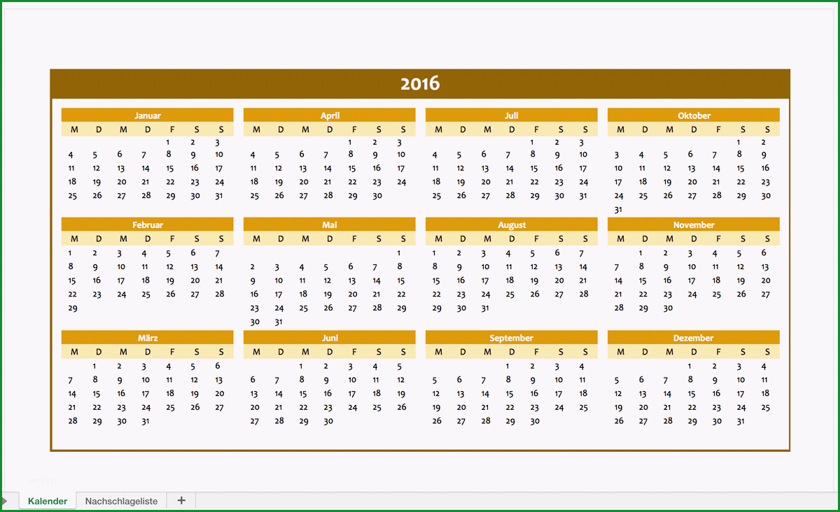 jahreskalender 2016 excelvorlage