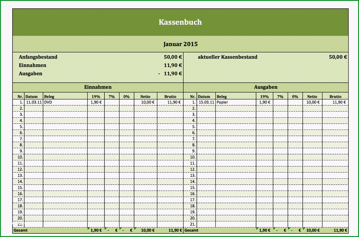 kostenloses kassenbuch mit excel vorlage