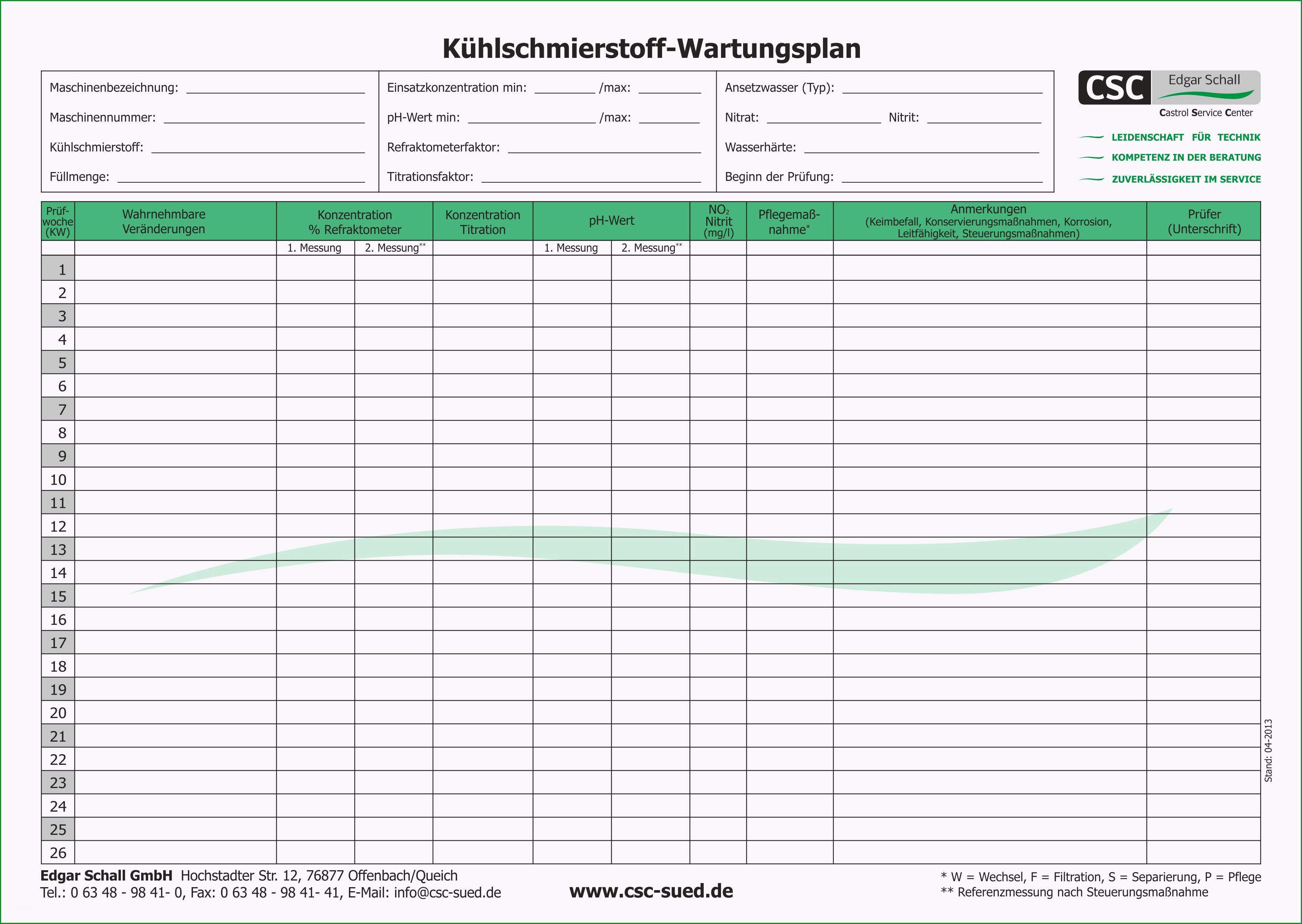 wartungsplan vorlage excel kostenlos