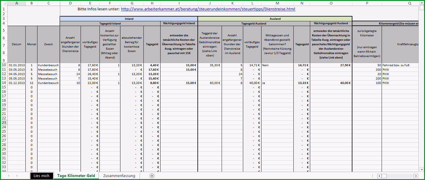 excel vorlage reisekosten kilometergeld tagegeld oesterreich
