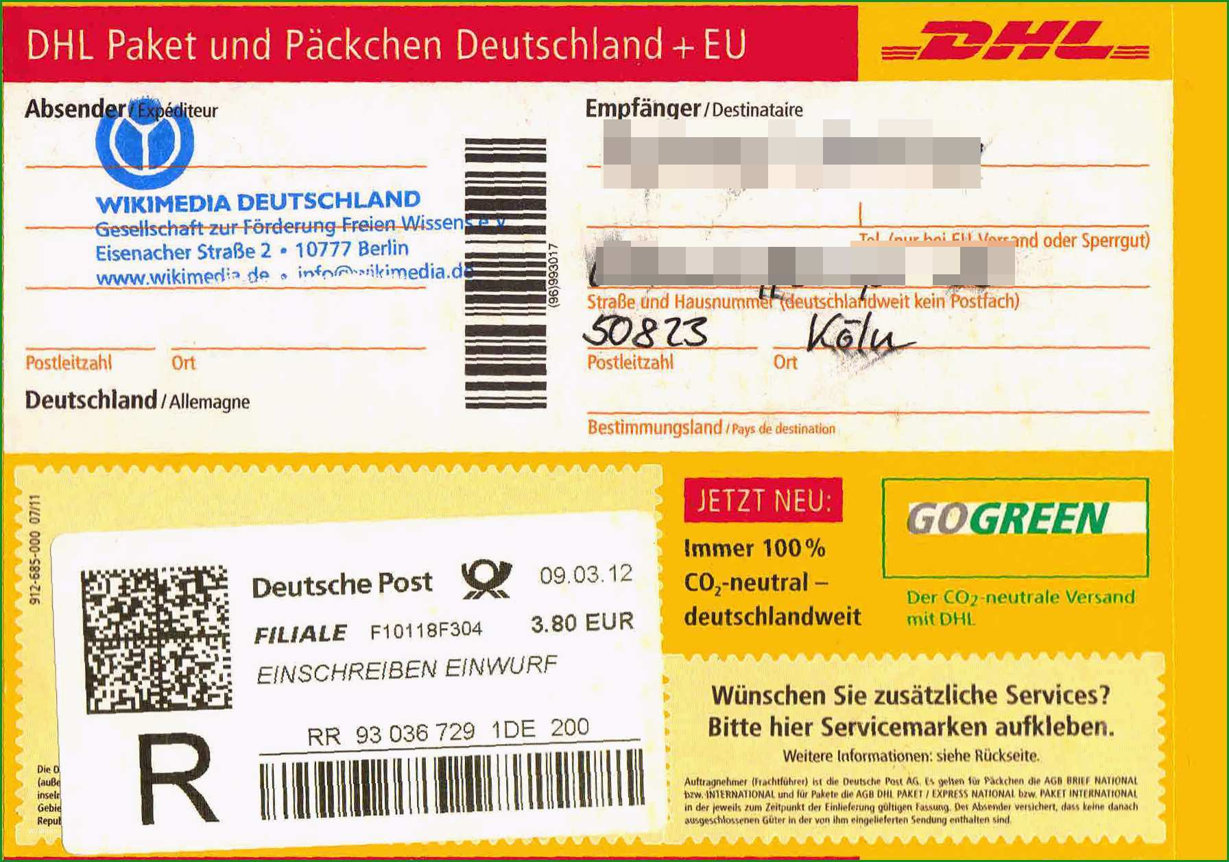 File Paketaufkleber Deutsche Post als Einwurf Einschreiben 2012