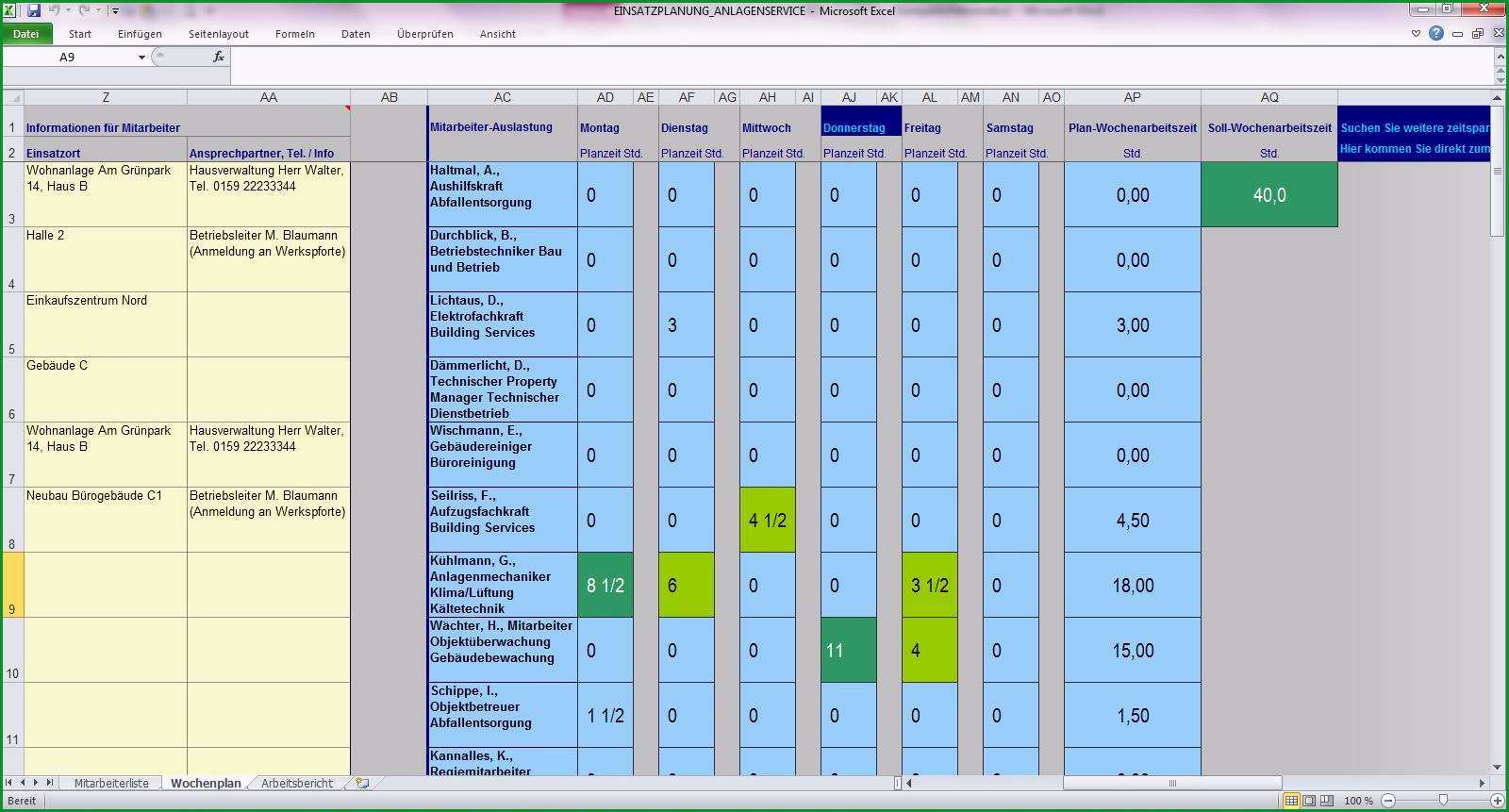 Excel Tool Mitarbeiter Einsatzplanung Gebaeude Anlagenservice