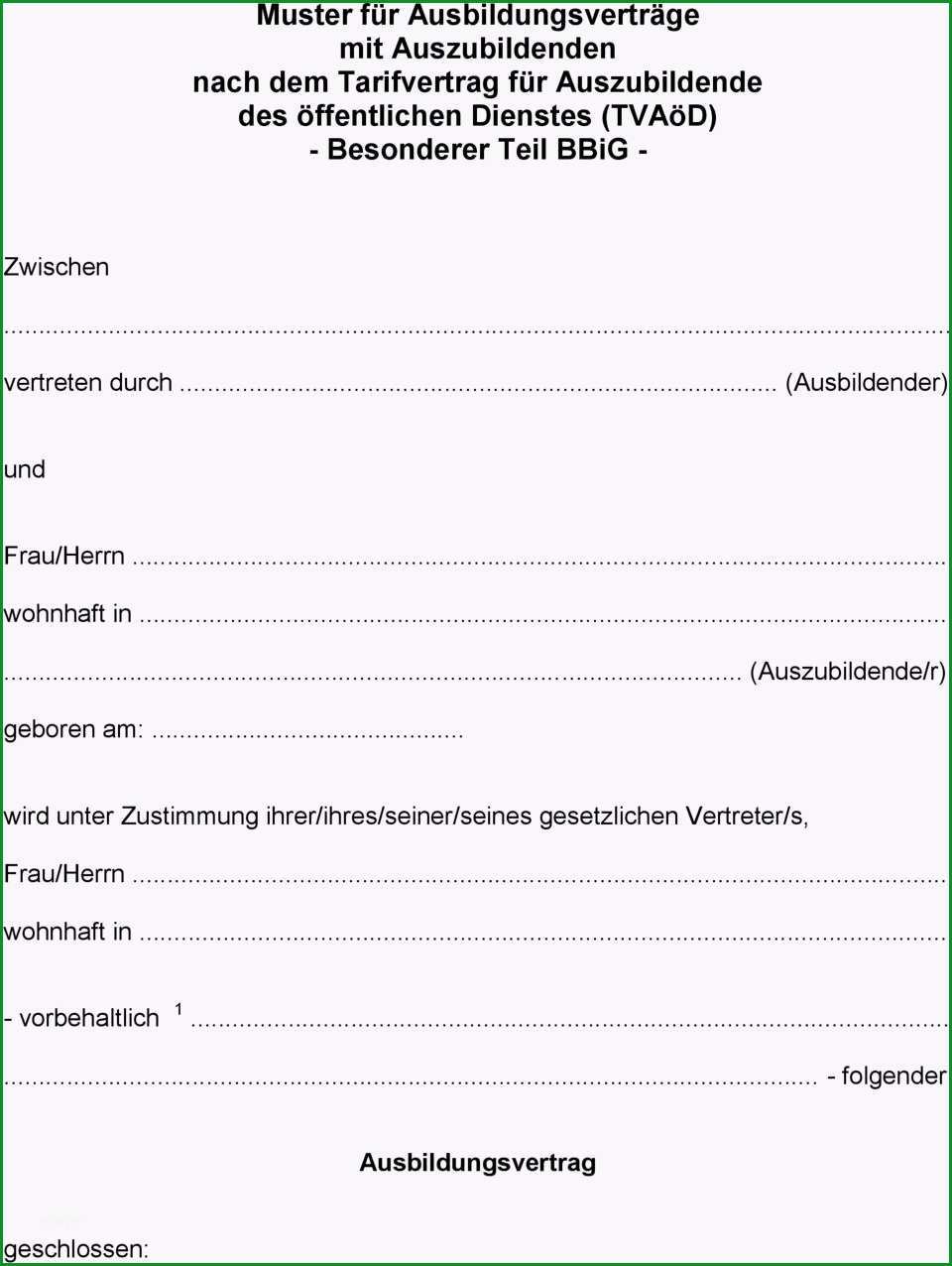 Muster fuer ausbildungsvertraege mit auszubildenden nach dem tarifvertrag fuer auszubildende des oeffentlichen nstes tvaoed besonderer teil bbig