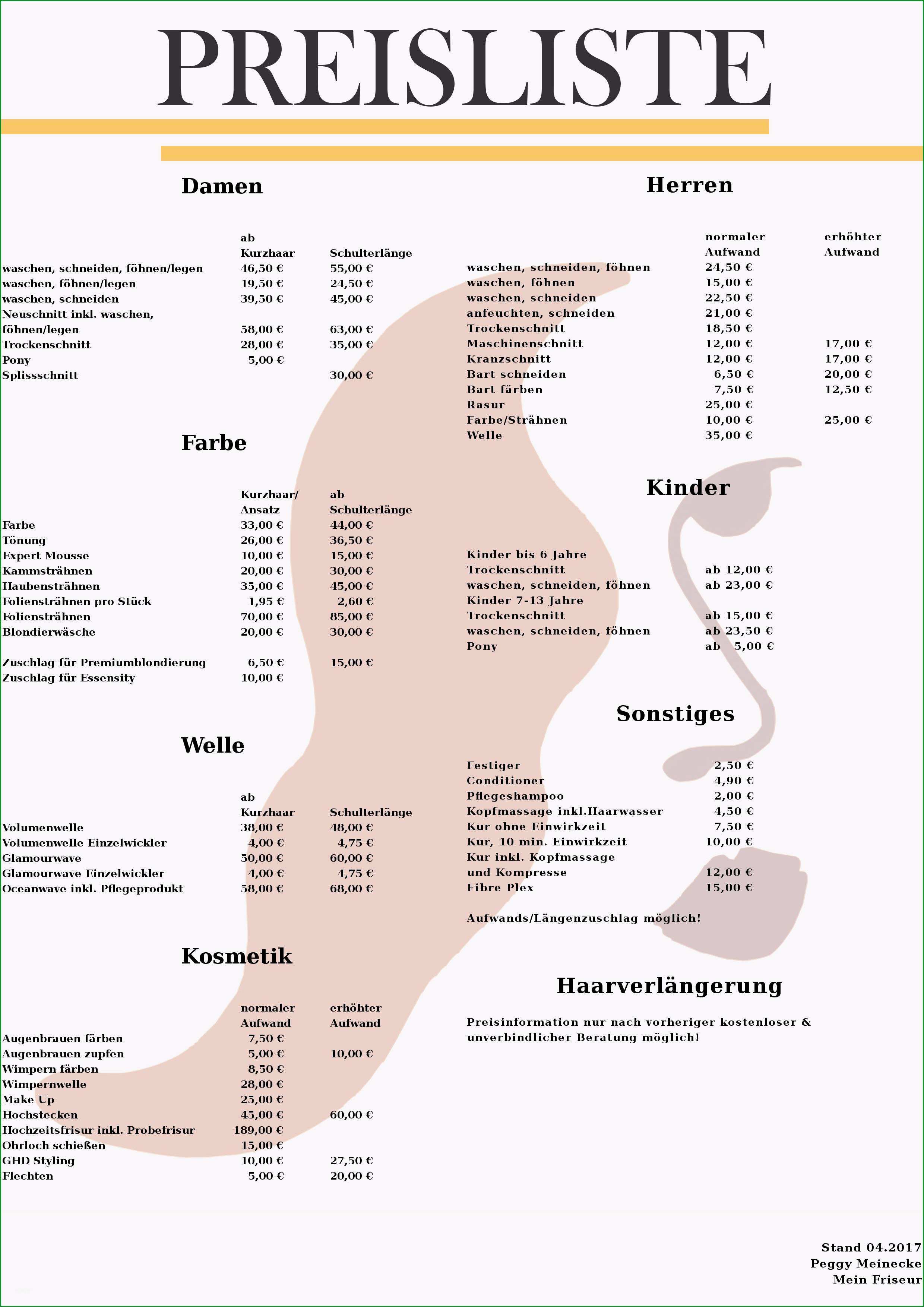 preisliste vorlage friseur befriedigend preisliste mit excel