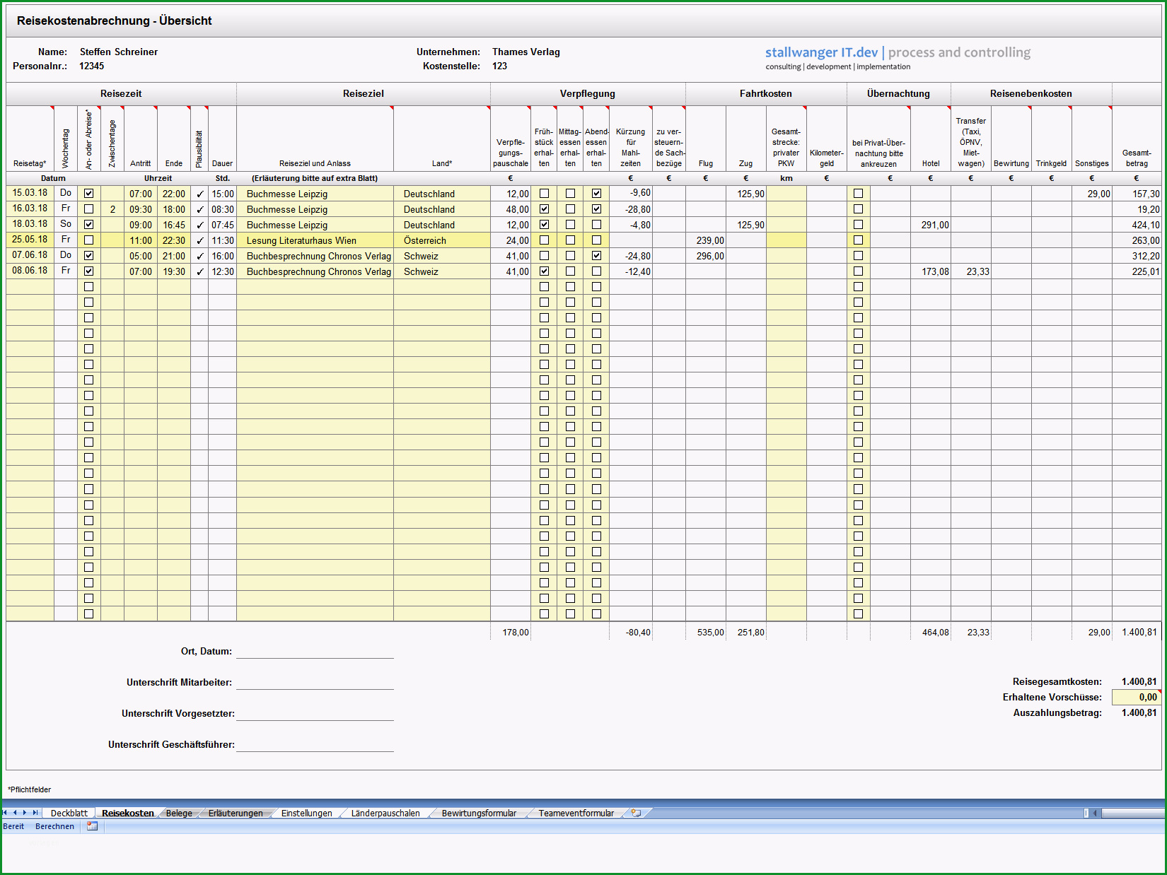 reisekostenabrechnung excel vorlage