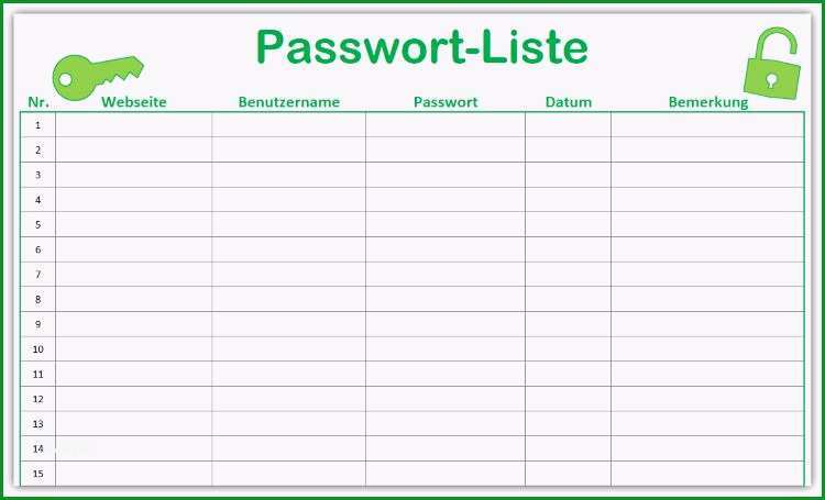 vorlage passwort liste kennwort liste