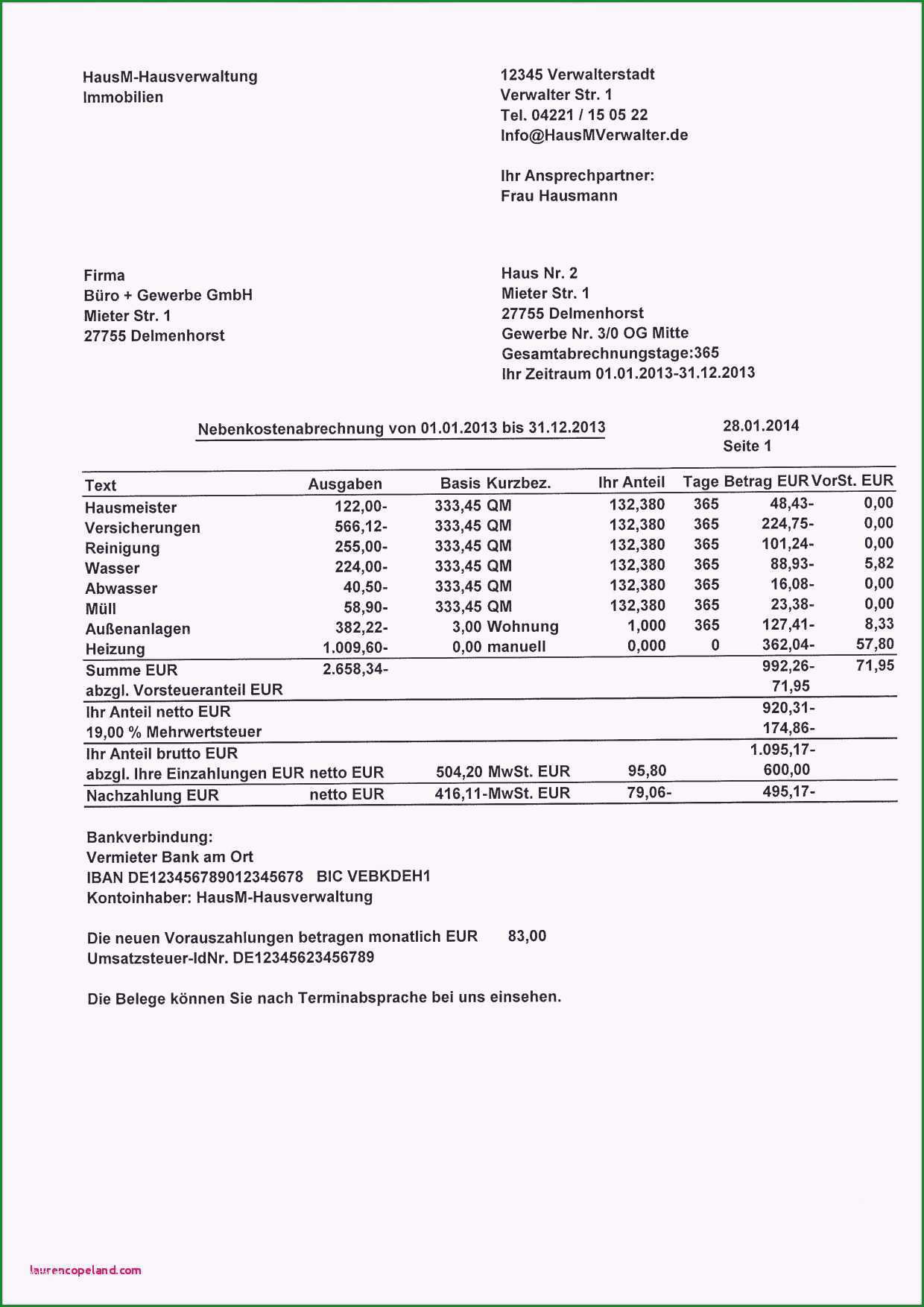 nebenkostenabrechnung muster vorlage