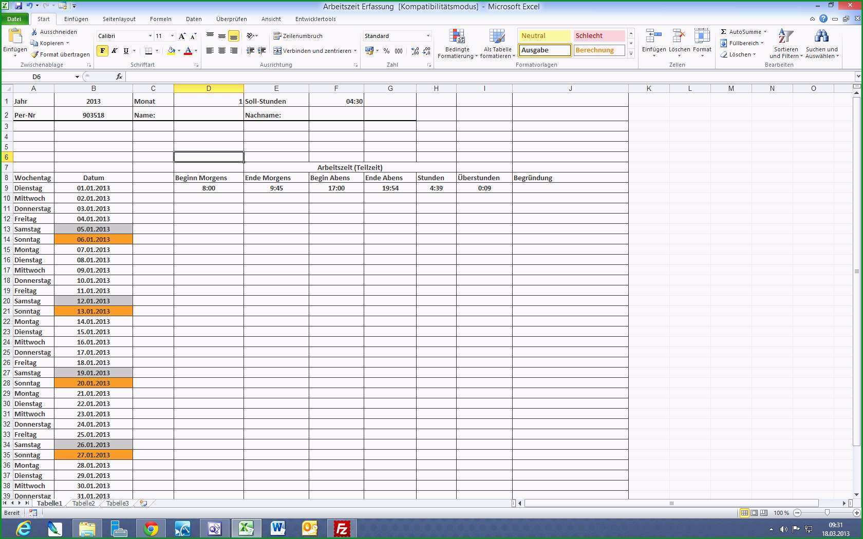arbeitszeiterfassung excel vorlage