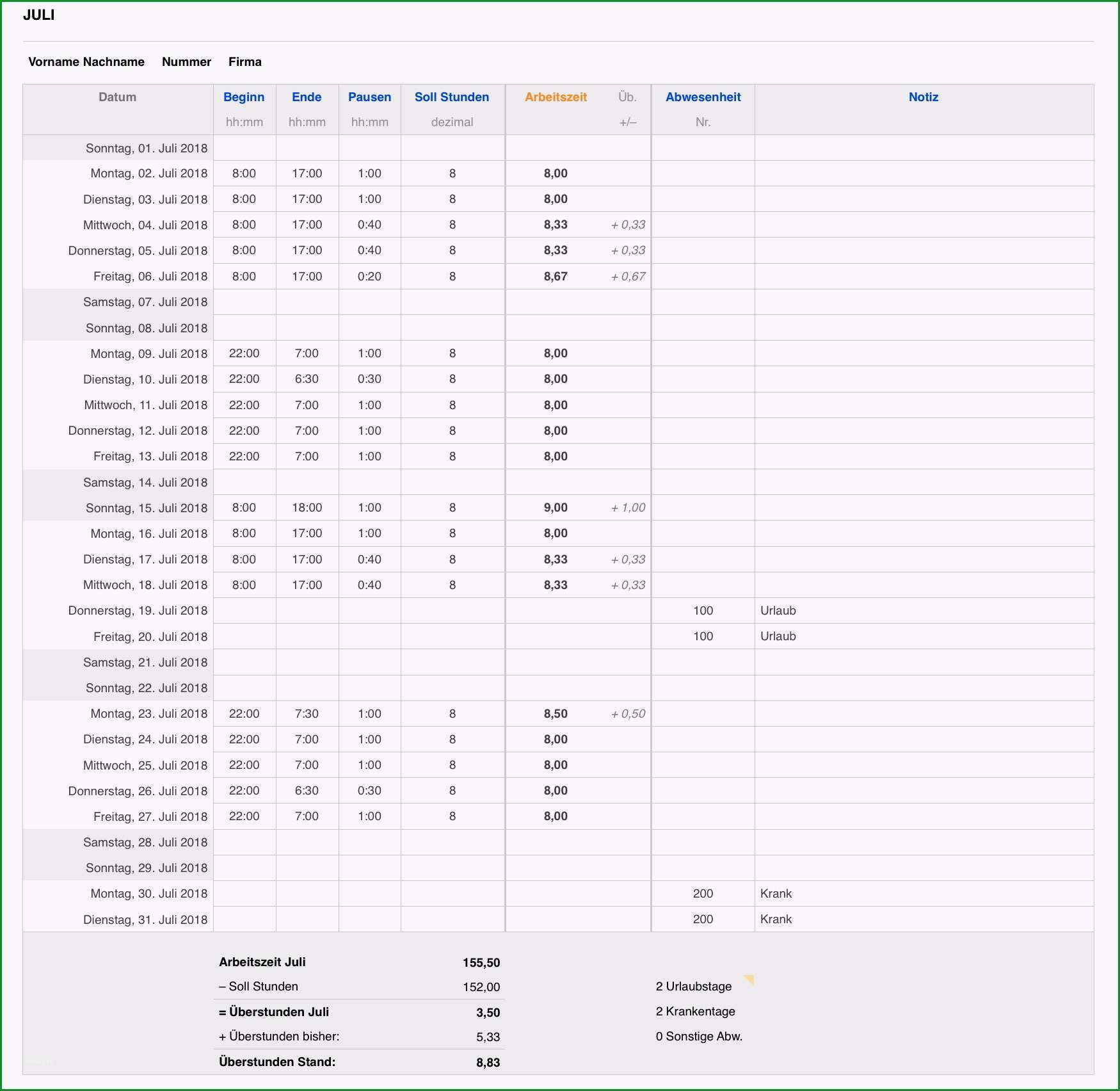 arbeitszeitnachweis 2018 excel