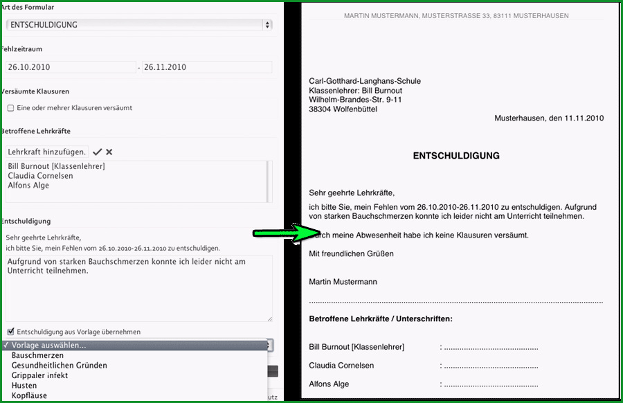 entschuldigung schule vorlage krank