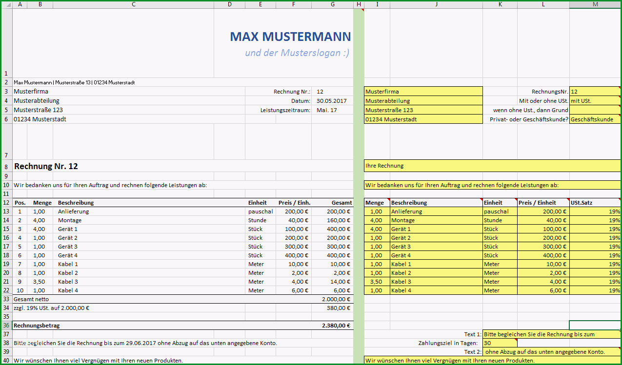 excel rechnungsvorlage