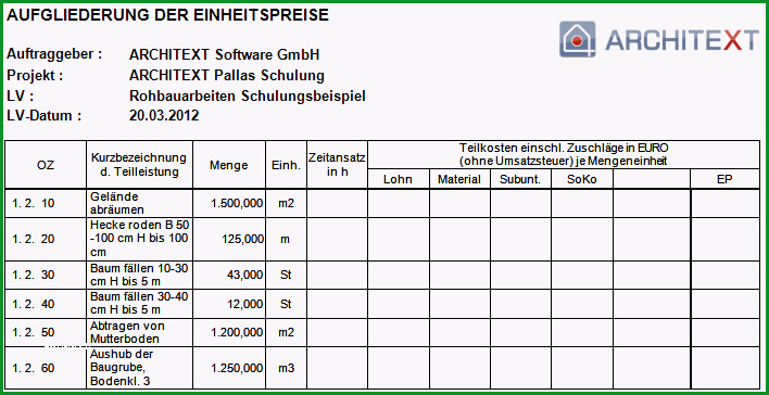 formblatt 223 aufgliederung der einheitspreise excel