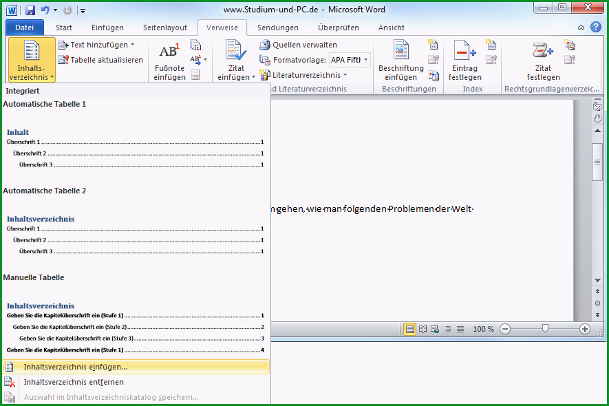 word 2010 inhaltsverzeichnis automatisch erstellen