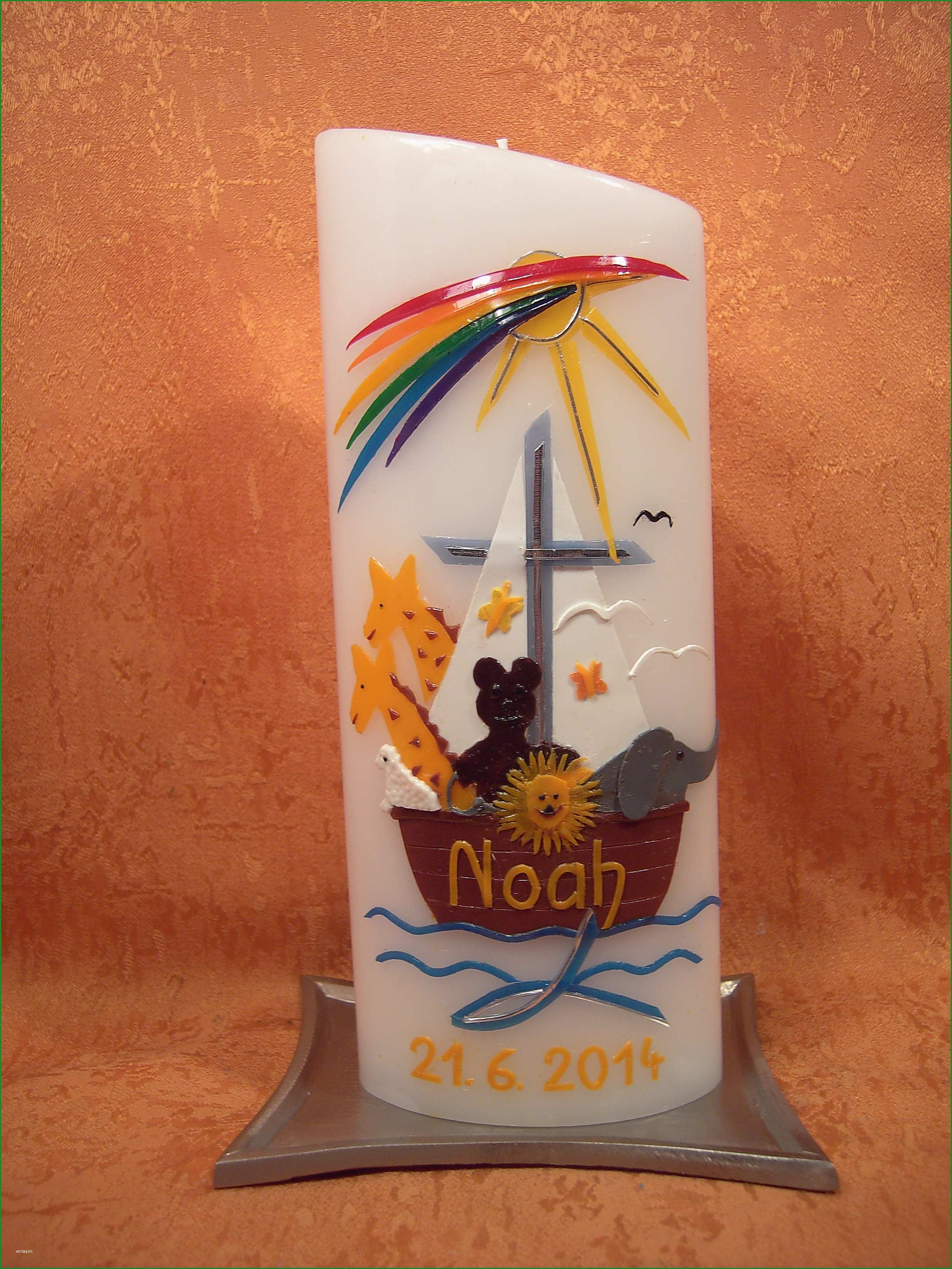 Taufkerze Arche Noah mit Regenbogen und Tauftext 303