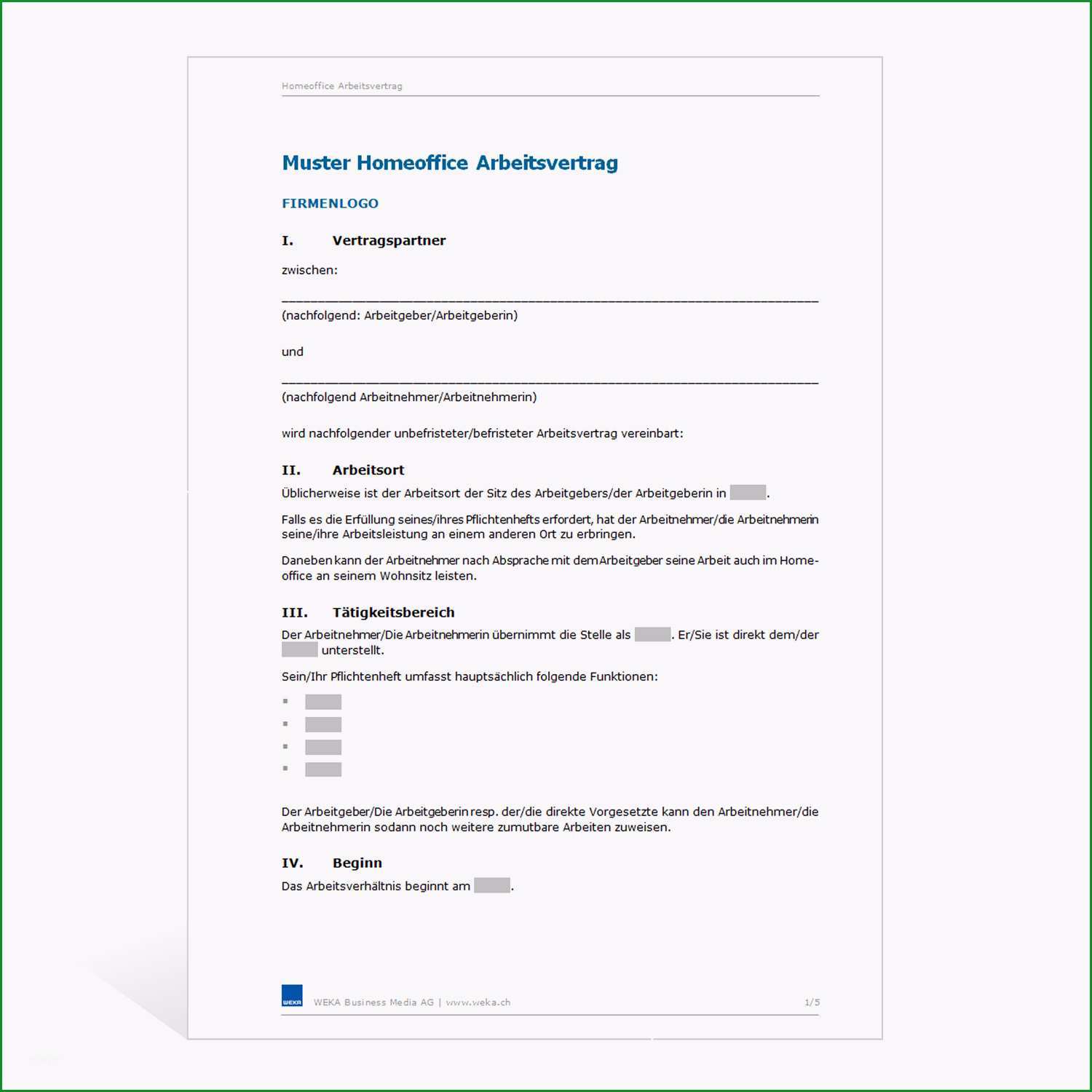 muster arbeitsvertrag homeoffice