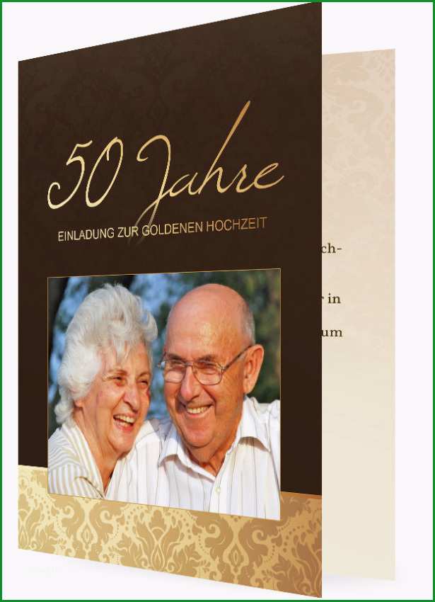 Vorlage fuer Einladung Goldene Hochzeit Braun Grau mit Bild und geschwungene Blattmuster 411
