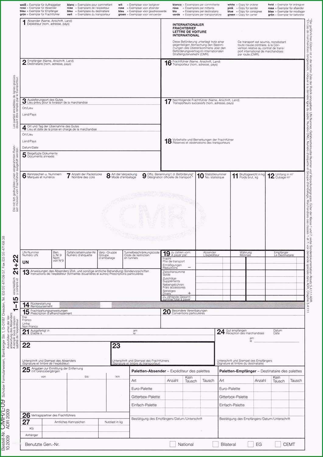 cmr frachtbrief vorlage einzigartig auftragserteilung muster cmr frachtbrief ausfuellen