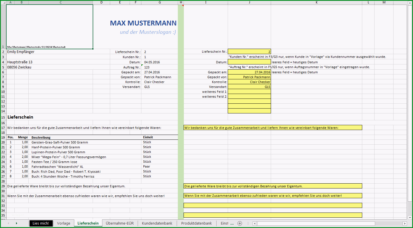 excel vorlage erstellung angebot rechnung produktdatenbank kundendatenbank