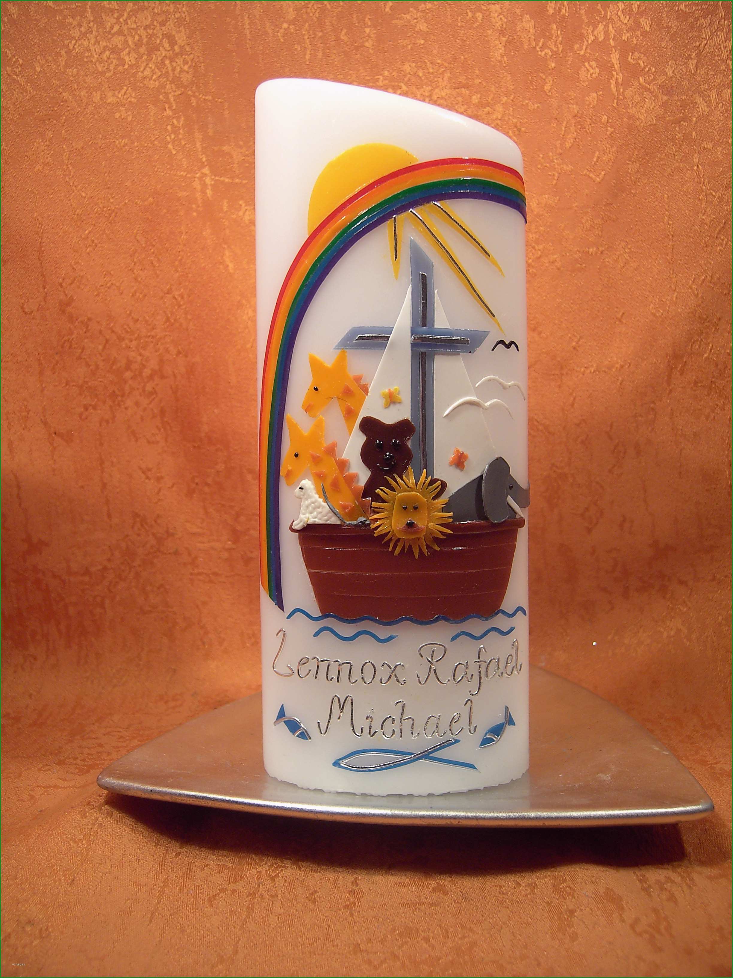 Taufkerze Arche Noah mit Regenbogen und Sonne 304