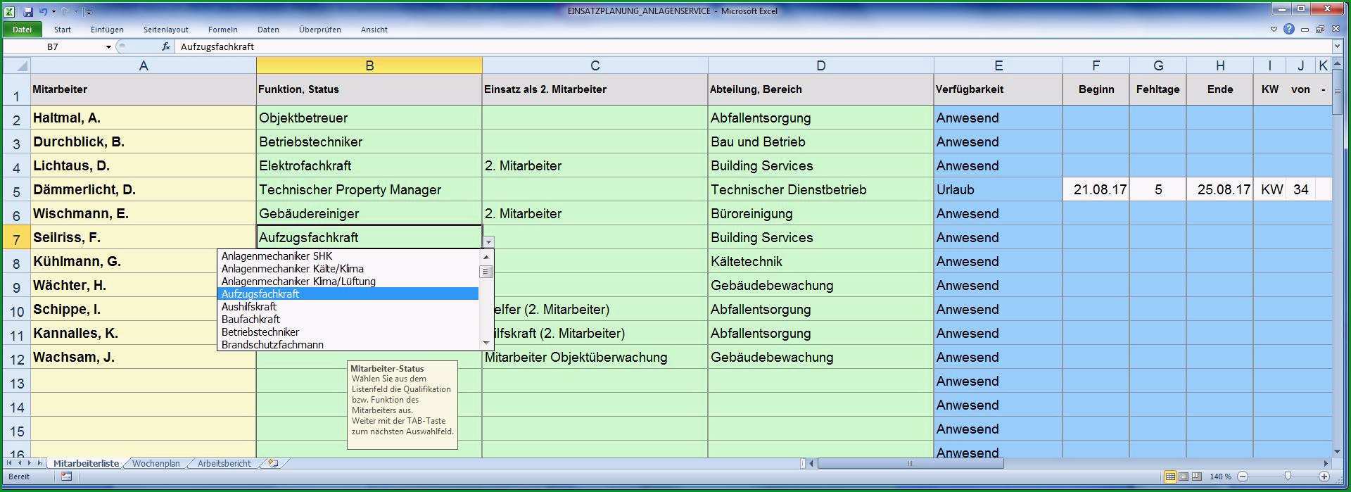 Excel Tool Mitarbeiter Einsatzplanung Gebaeude Anlagenservice