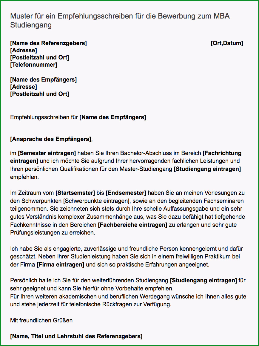 muster empfehlungsschreiben mba