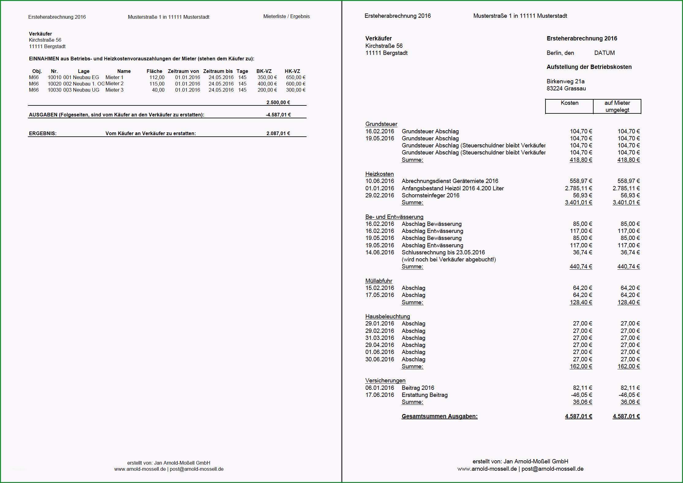 nebenkostenabrechnung muster kostenlos excel