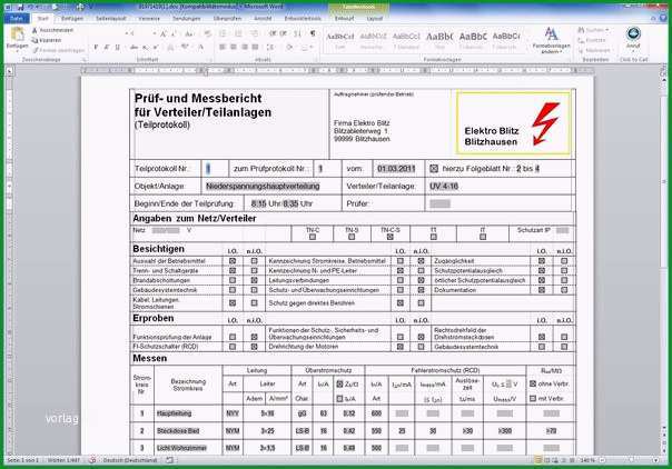 prufprotokoll elektrischer anlagen vorlage