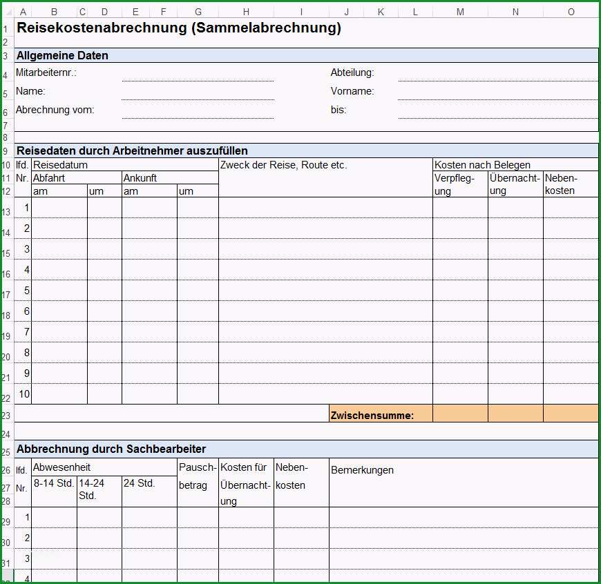 Vorlage Formular fuer Dienstreiseantrag Reisekostenabrechnung und Privatzung PKW fuer Arbeitnehmer