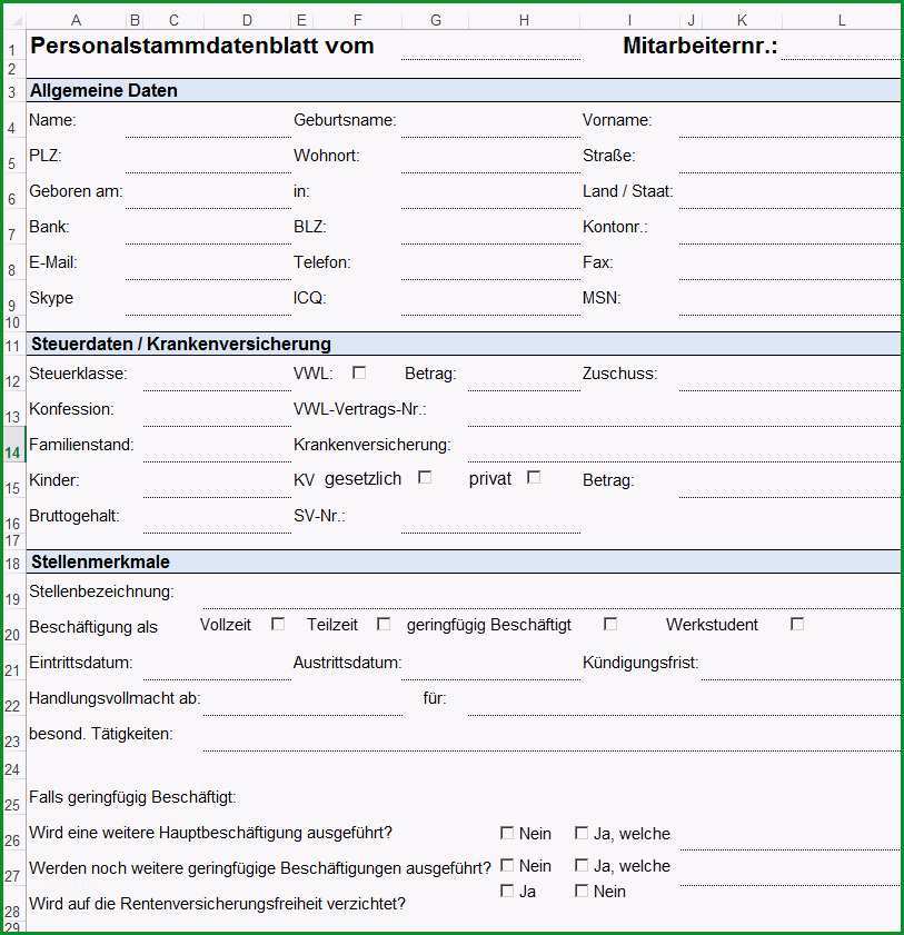 Einzahl Vorlage formular Für Personalstammdatenblatt