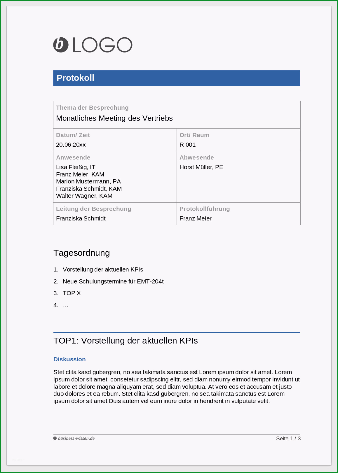 Einzahl Vorlage – Kostenlos Besprechungsprotokoll – Business